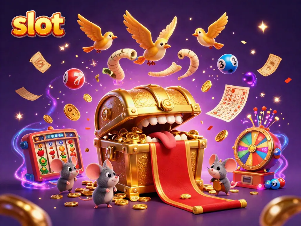 Engage with vibrant slot gameplay featuring a treasure chest, dynamic reels, and celebratory visuals.