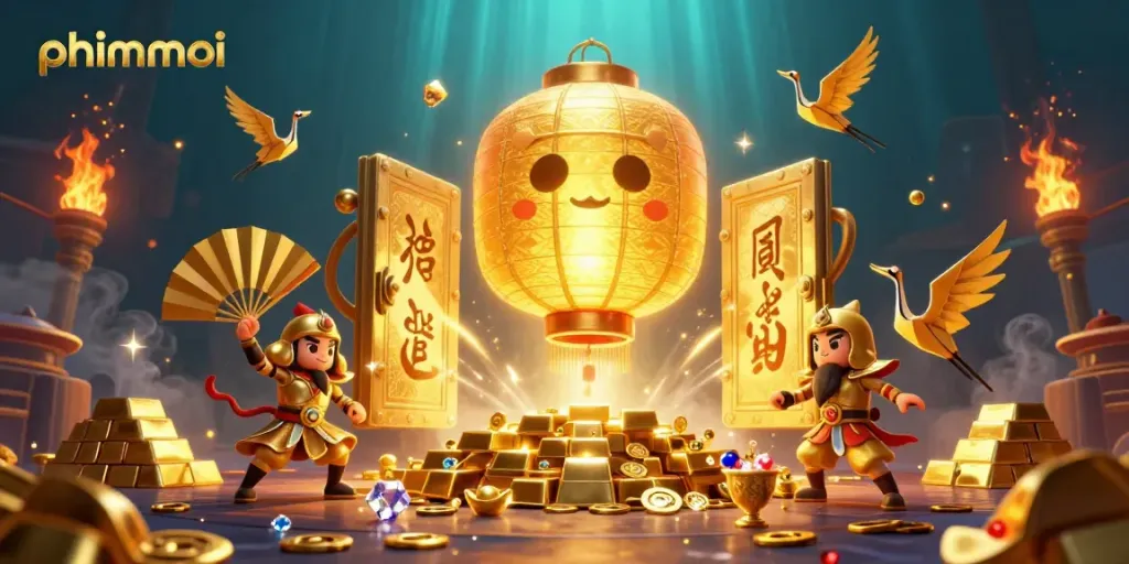 Experience phimmoi's enchanting gaming scene filled with a glowing lantern spirit and treasures.