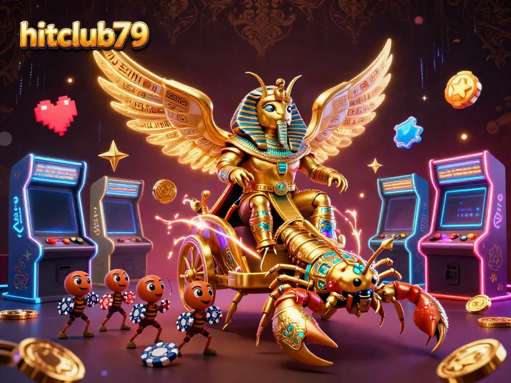 Experience excitement with hitclub79 as the colossal golden scarab beetle rides a chariot in a vibrant casino scene.