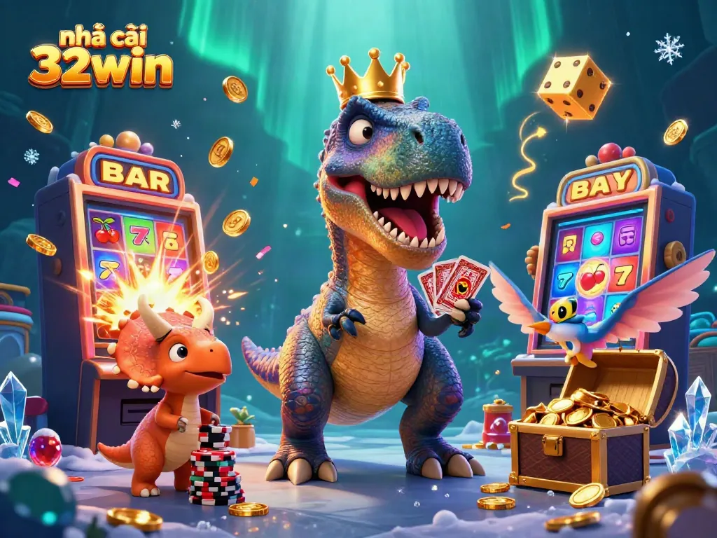 Engaging scene with nhà cái 32win featuring a T-Rex shuffling cards, a pterodactyl, and a triceratops amidst casino elements.