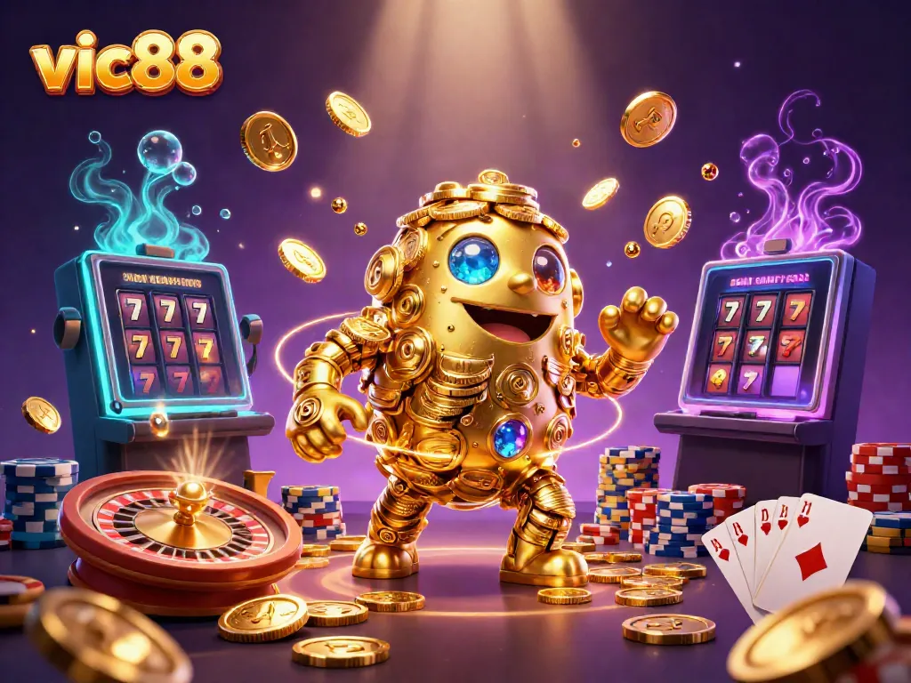Experience the excitement of vic88 with vibrant 3D casino dynamics featuring a golden golem and slot symbols.