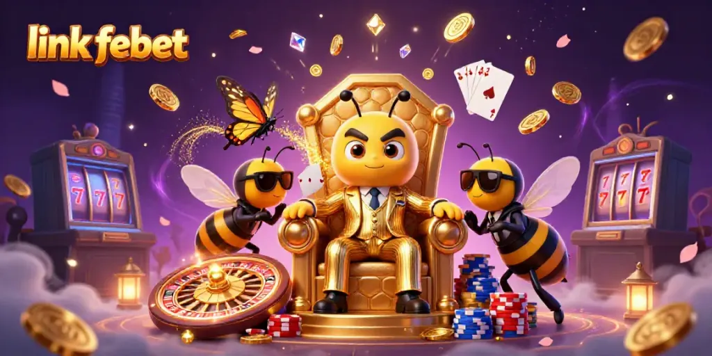 Experience link febet in a vibrant 3D scene filled with casino elements and characters.
