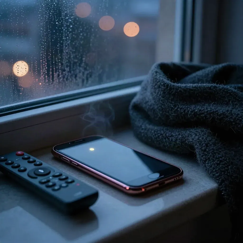 Donkere smartphone, afstandsbediening en sjaal bij een avondvenster met stadslichten.
