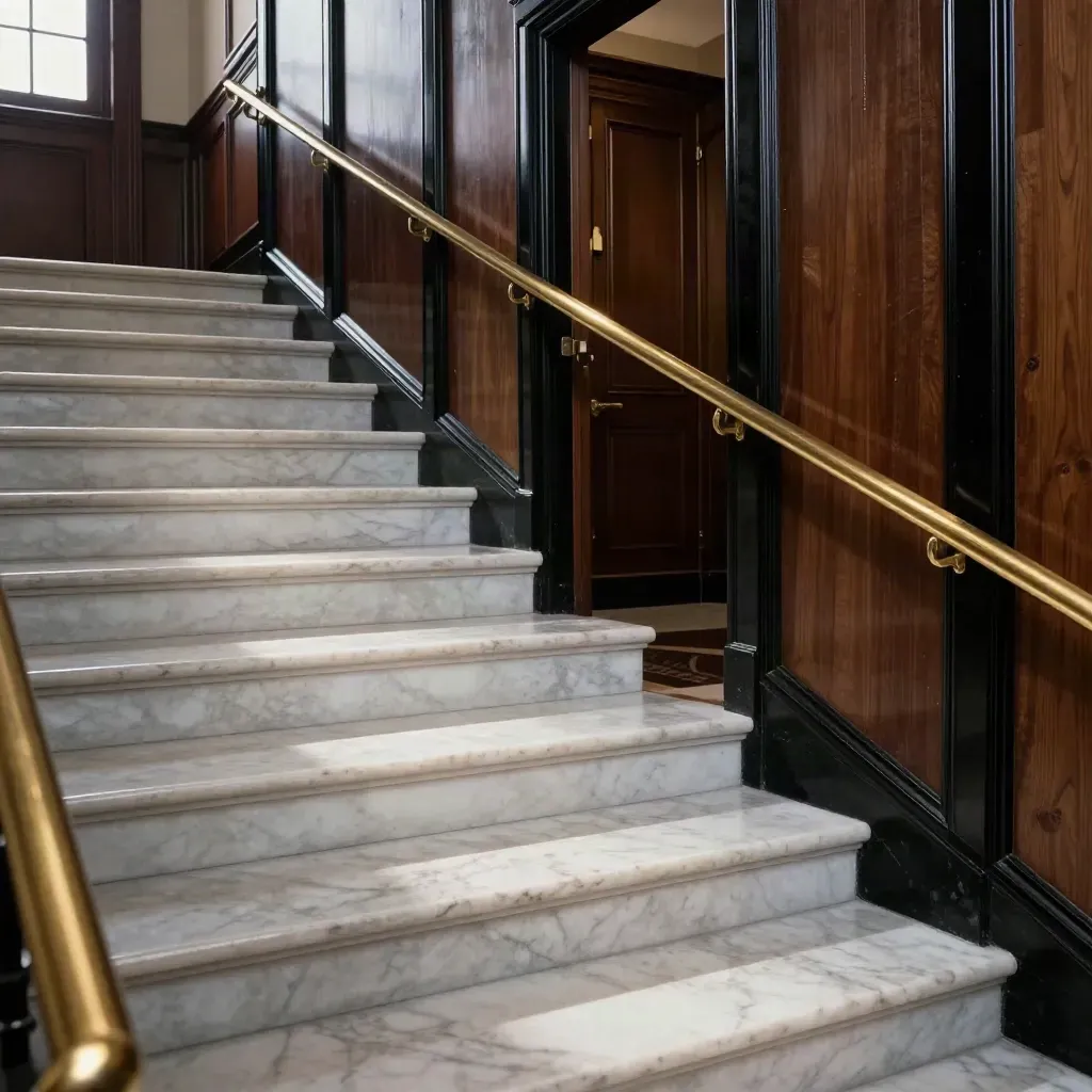 Marmeren trap en smalle parlementaire corridor met brass rails en natte reflecties.