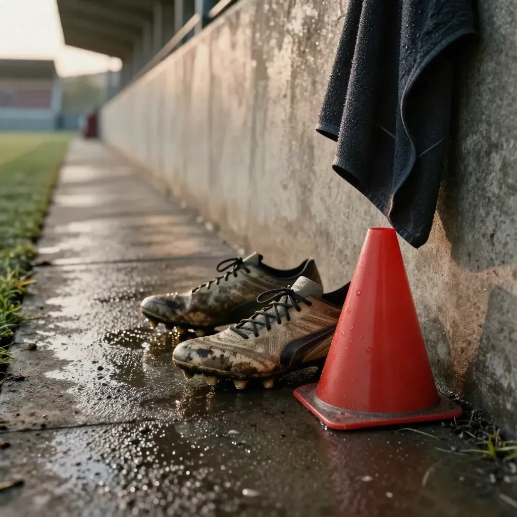 Voetbalschoenen, een rode pilon en natte handdoek in een mistige stadiontunnel bij avondlicht.