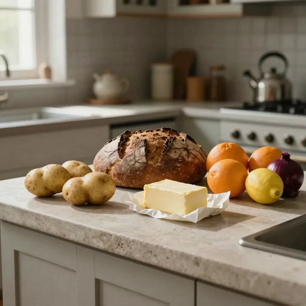 Aardappelen, brood, boter en citrus op een stenen keukenblad met rood accent in koel licht.