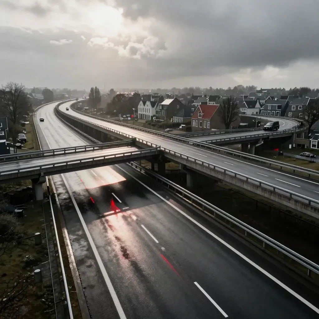 Nat snelwegknooppunt van boven, met rode lichtstrepen, mist en regen boven glanzend asfalt.
