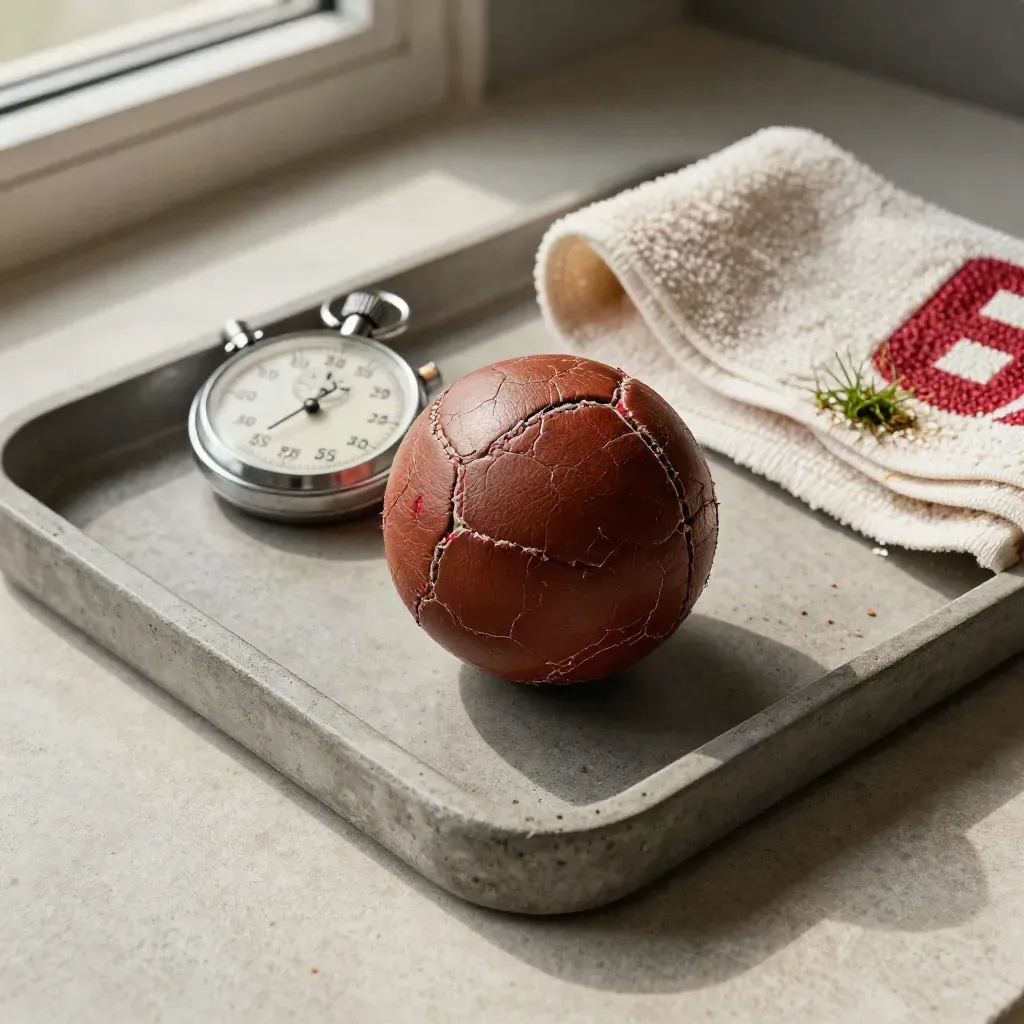 Versleten wedstrijdbal, stopwatch en sporthanddoek op beton met grasplukje.