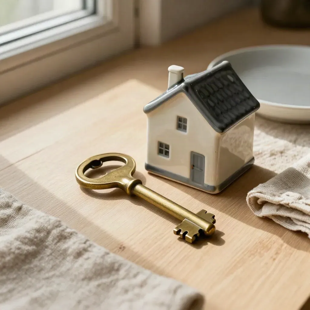 Scheve bovenaanzicht van een verweerde huissleutel, keramisch grachtenhuisje en linnen servet op licht eiken.