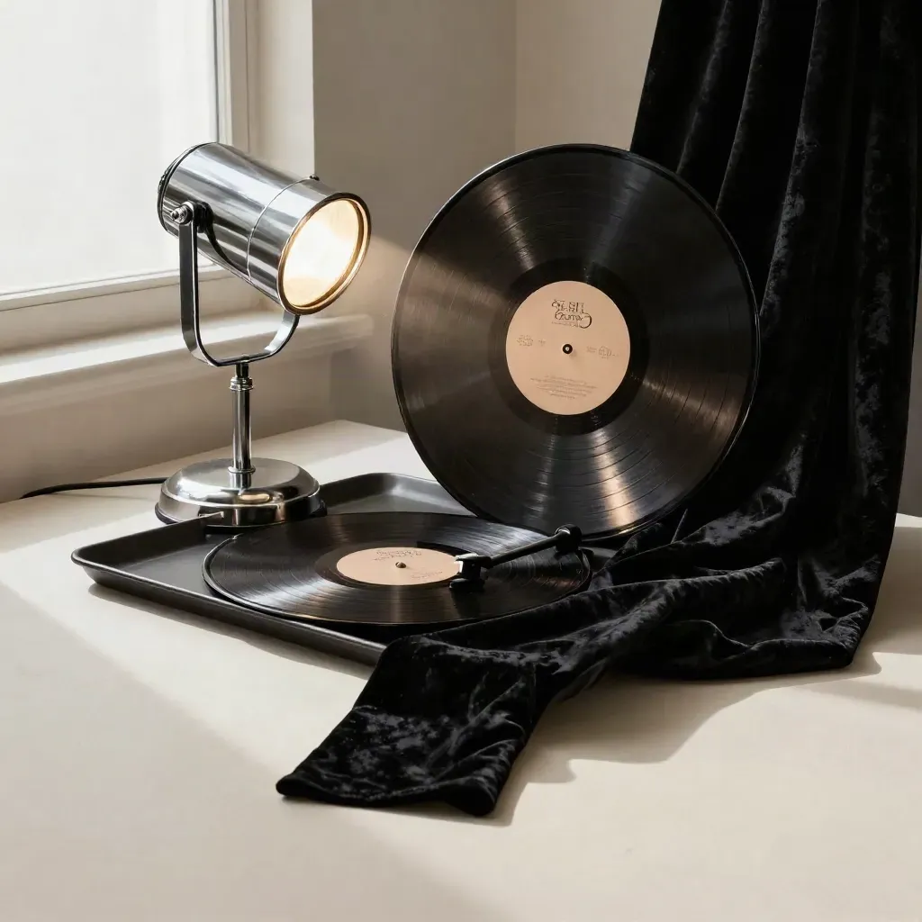 Zwarte vinylplaat met chroomlamp en fluwelen doek op donkere tray.
