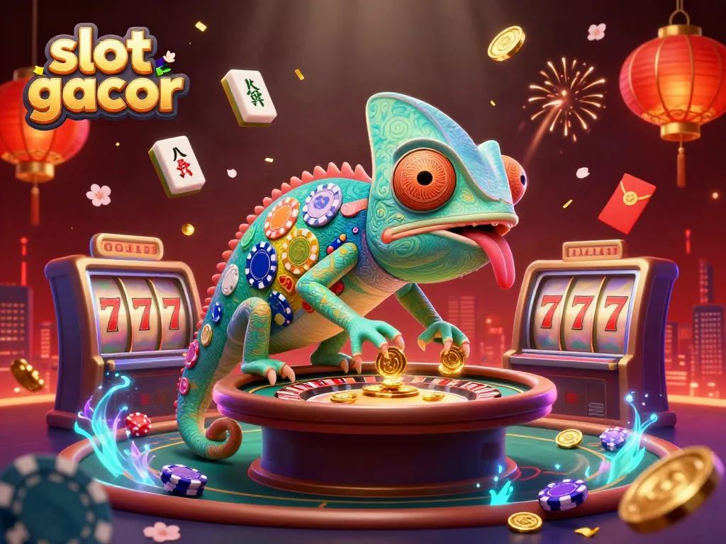 Experience thrilling wins with slot gacor at this vibrant casino illustration featuring colorful chameleon and rich game elements.