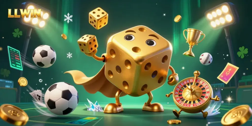 Engaging LLWIN illustration with a golden dice golem and sports elements in a vibrant casino scene.