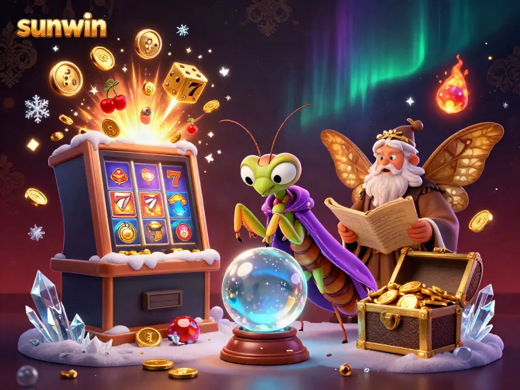 Experience sunwin's exciting gaming universe with vibrant slots and engaging characters in this detailed illustration.