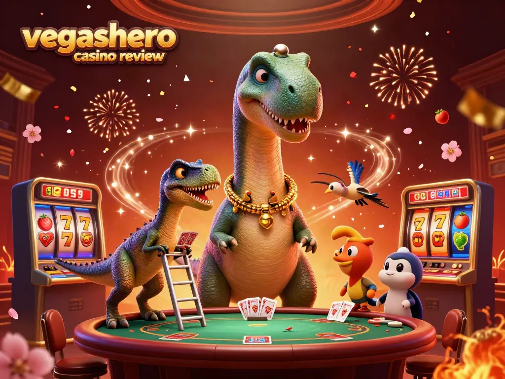 Experience the excitement at VegasHero Casino Review with a cartoon brontosaurus and poker elements!