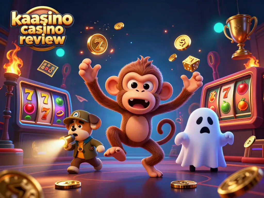 Kaasino casino review showcases a dynamic illustration of a mischievous poltergeist monkey interacting with casino elements and a ghost-hunter puppy.