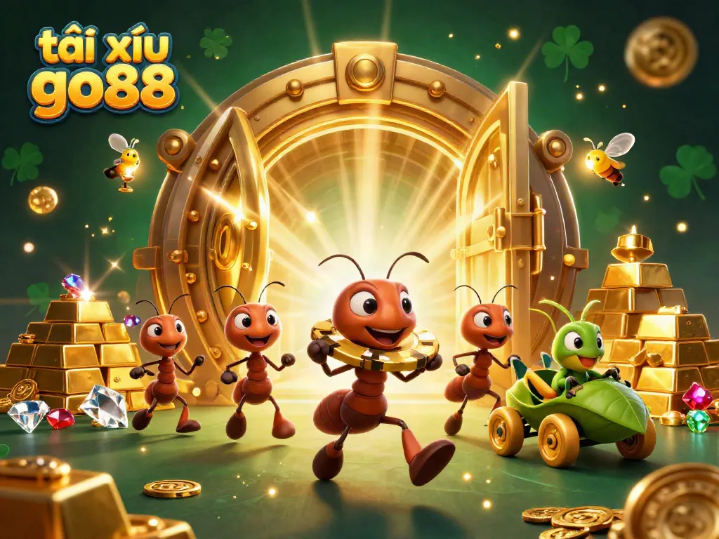 Experience the excitement of tài xỉu go88 with cartoon ants carrying a giant poker chip amidst golden treasures.