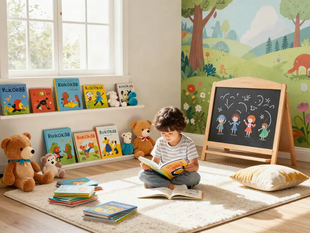 Child enjoying ROKOK88 books in a cozy reading nook, fostering imagination.