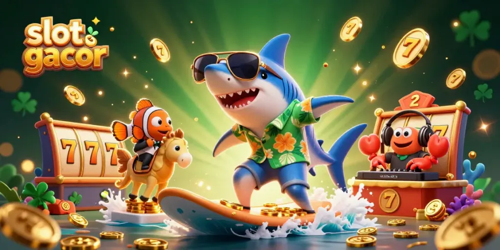 Experience slot gacor excitement with a shark surfing gold coins and vibrant casino elements.