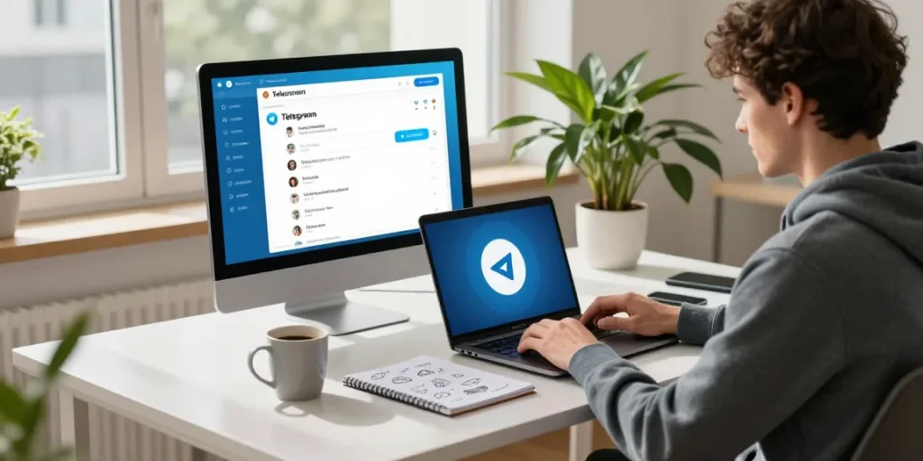 Engaged developer using Telegram Web Version in a modern office workspace.