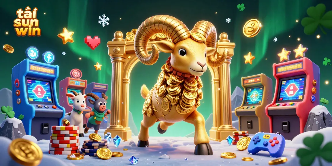 Experience the excitement of tải sun win with vibrant casino-themed 3D illustration featuring a golden ram and colorful game elements.